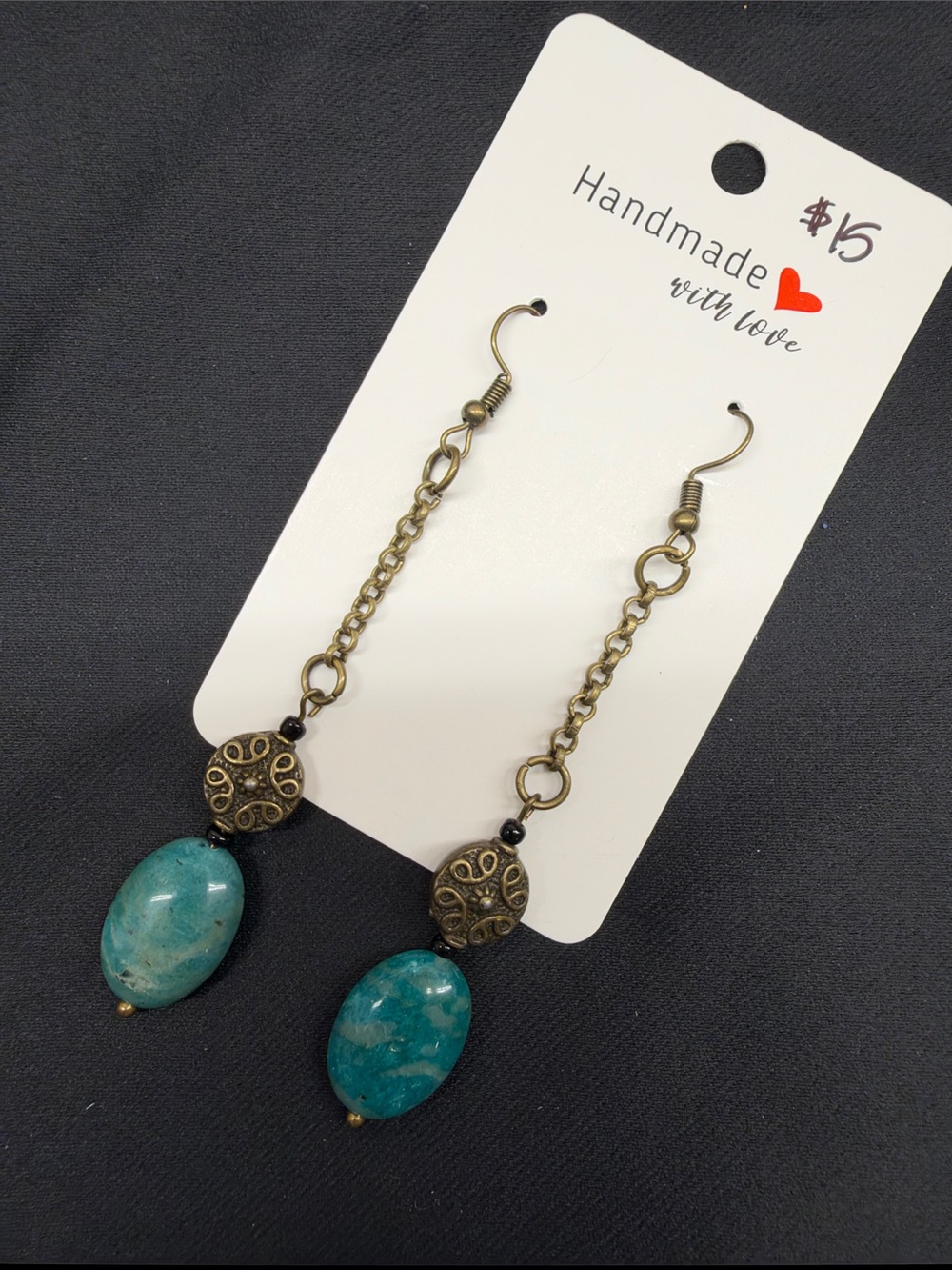 Handmade Turquoise Drop Dangle Earrings with Antique Brass Accents